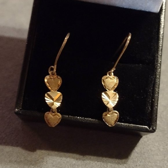 10K Yellow Gold Heart Drop Earrings - Picture 1 of 8